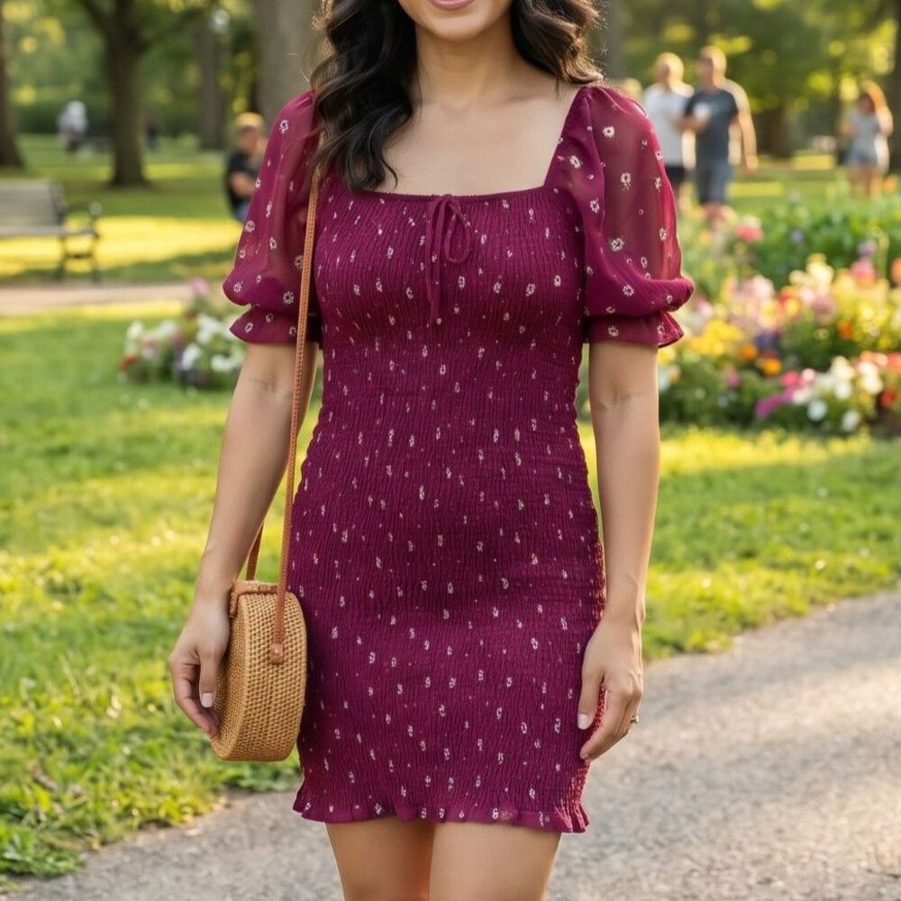 Forever 21 Medium Wine Berry Smocked Puff Sleeve Floral Bodycon Mini Dress M